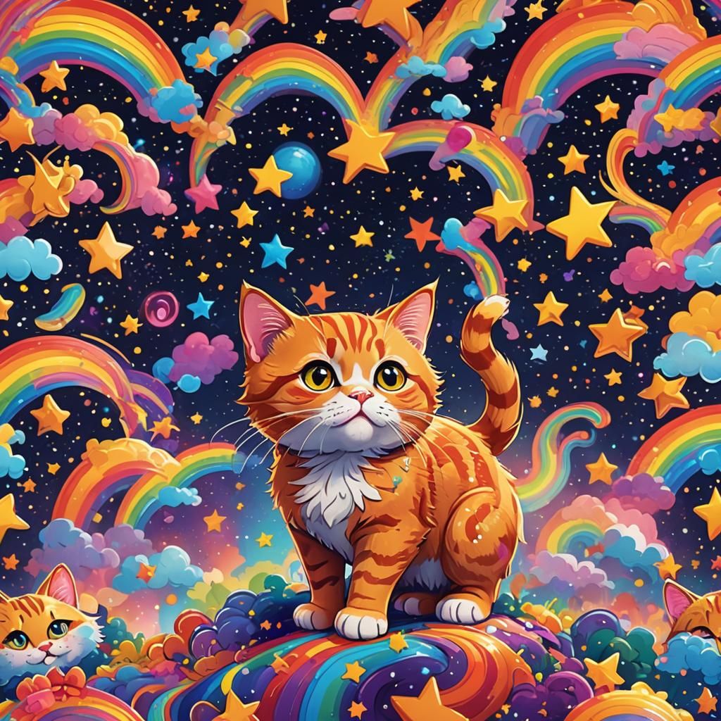 Orange Tabby Cat in Lisa Frank Style Cartoon