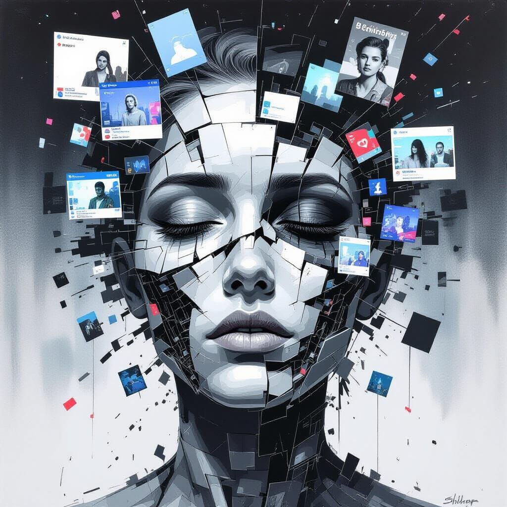 Fractured Face in Charcoal Drawing Style