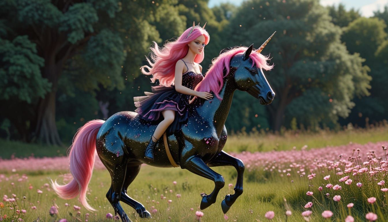 Barbie Riding a Whimsical Unicorn in a Vibrant Meadow