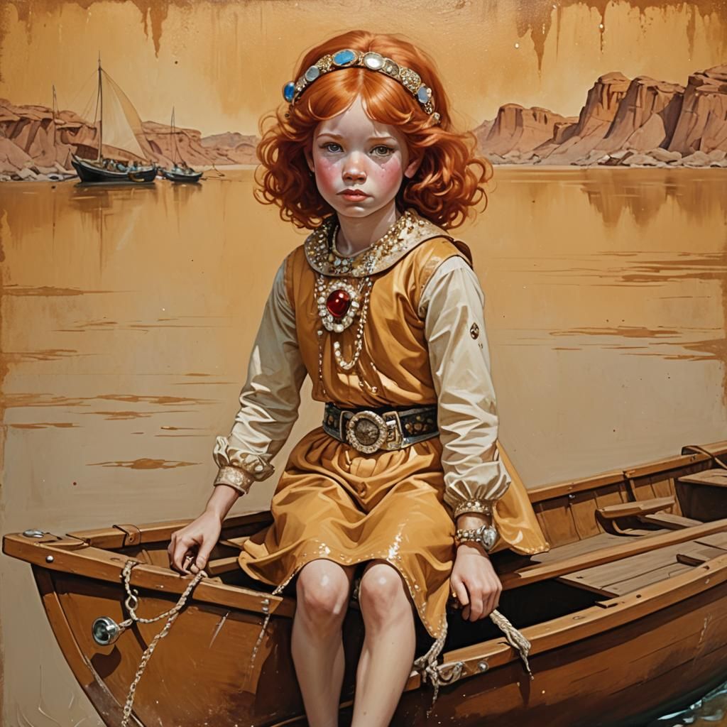 Red-Haired Girl in Ochre Boat, Fantasy Art Style