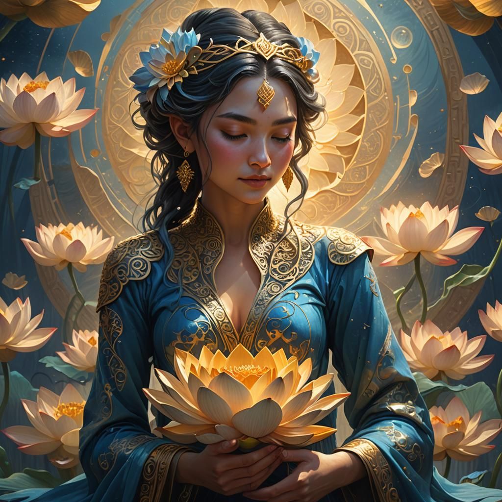 Woman Embracing Lotus Flower in Ethereal Light