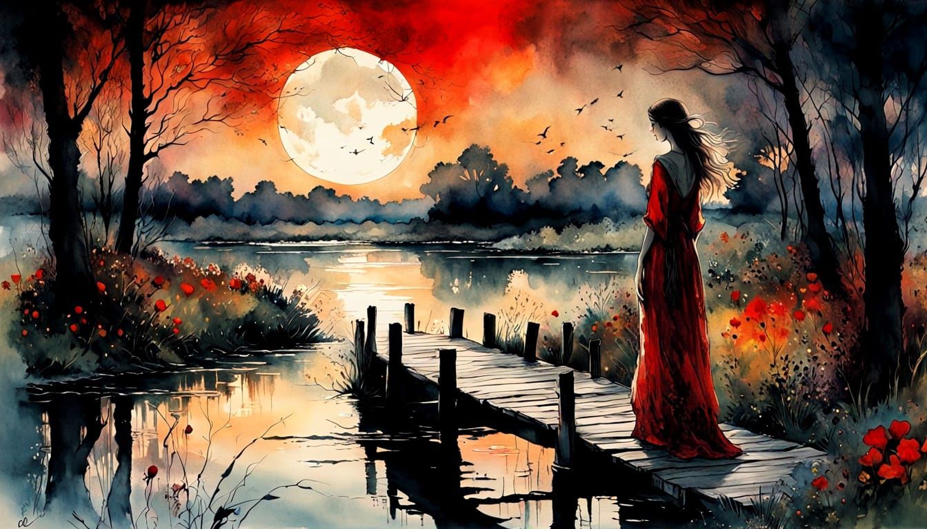 Stunning Lady Under Dark Eclipse in Vibrant Color Print