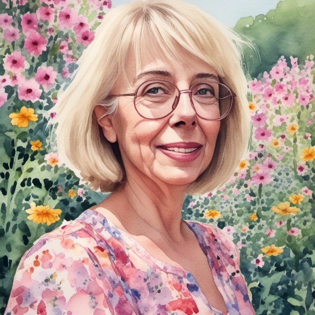Watercolor Portrait: Radiant Woman in Wildflower Garden