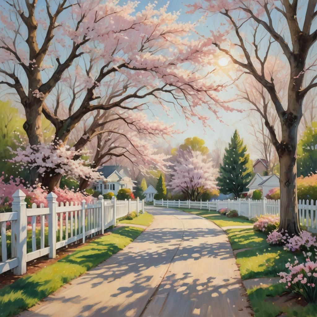 Cherry Blossom Driveway: Impressionist Oil Painting