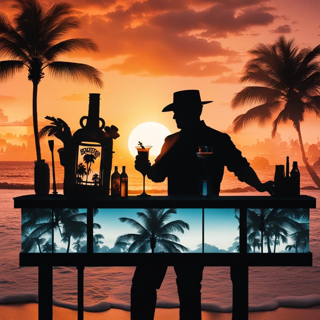 Double Exposure Bartender in Tiki Bar at Sunset