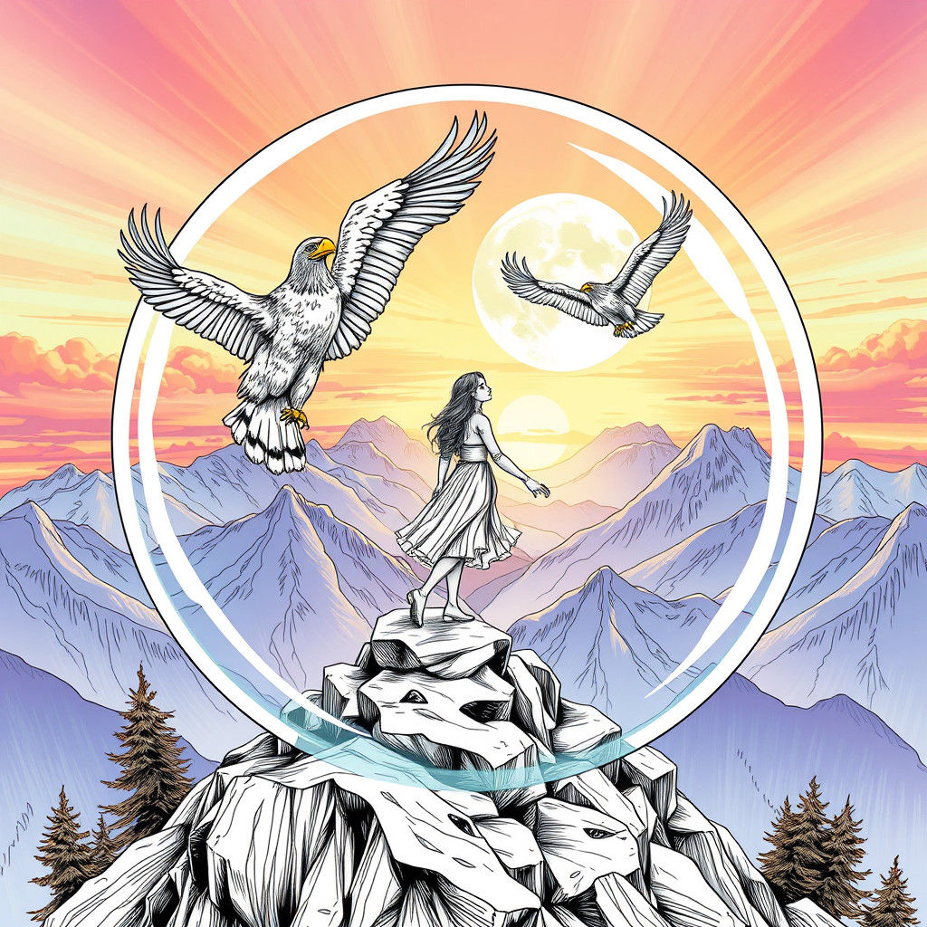 Woman on Mountain with Eagles: Doodle Art