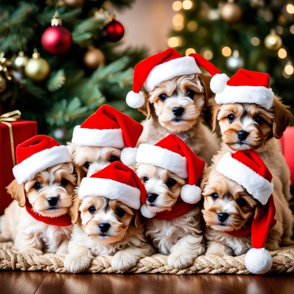 Cute Maltipoo Puppies in Santa Hats by Christmas Tree