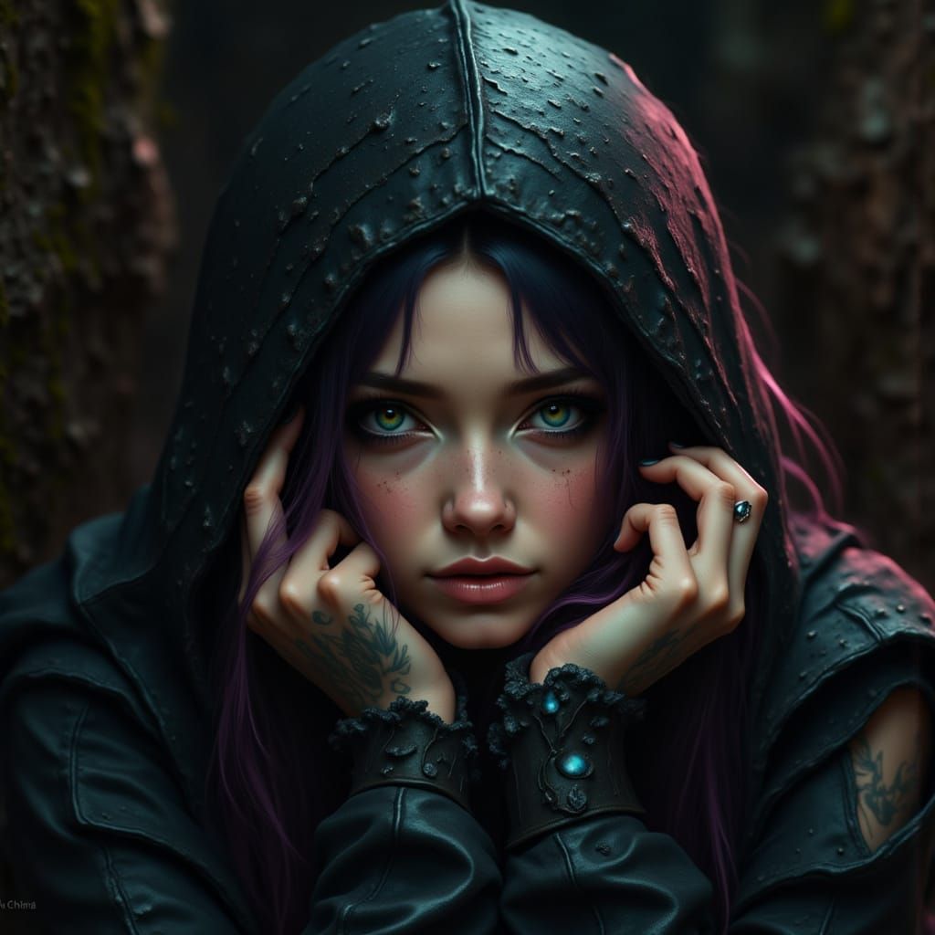 Gothic Woman with Striking Black and White Striped Hair