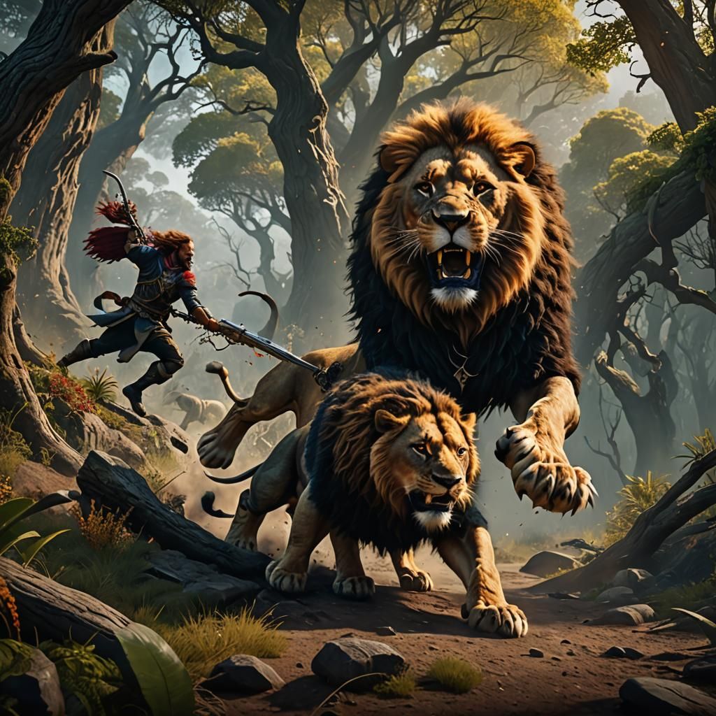 Lion Attacks Hunter: Detailed Fantasy Concept Art