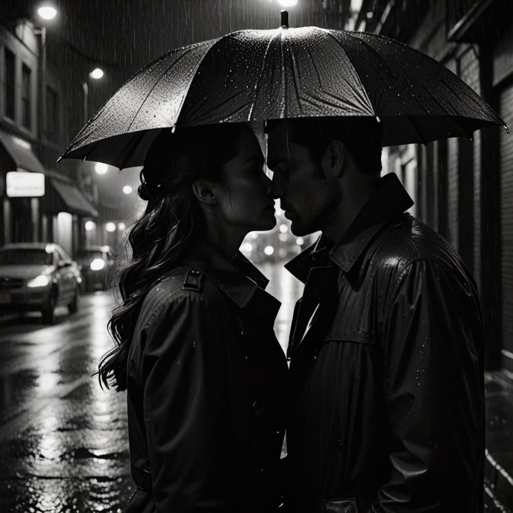 Romantic Film Noir Couple Kissing in Rainy City