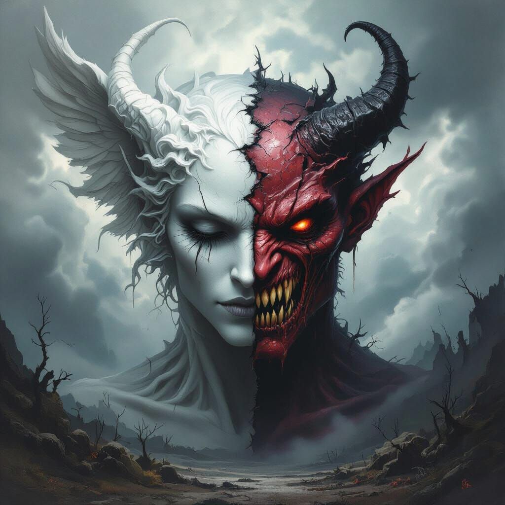 Dual-Faced Chimeric Monster in Dark Fantasy Realism