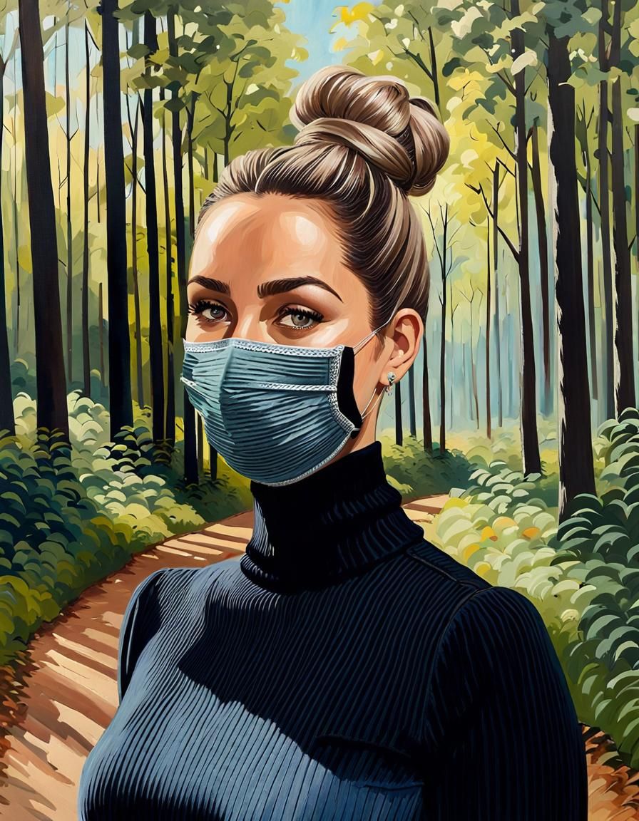 German Woman with Facemask in Lush Forest