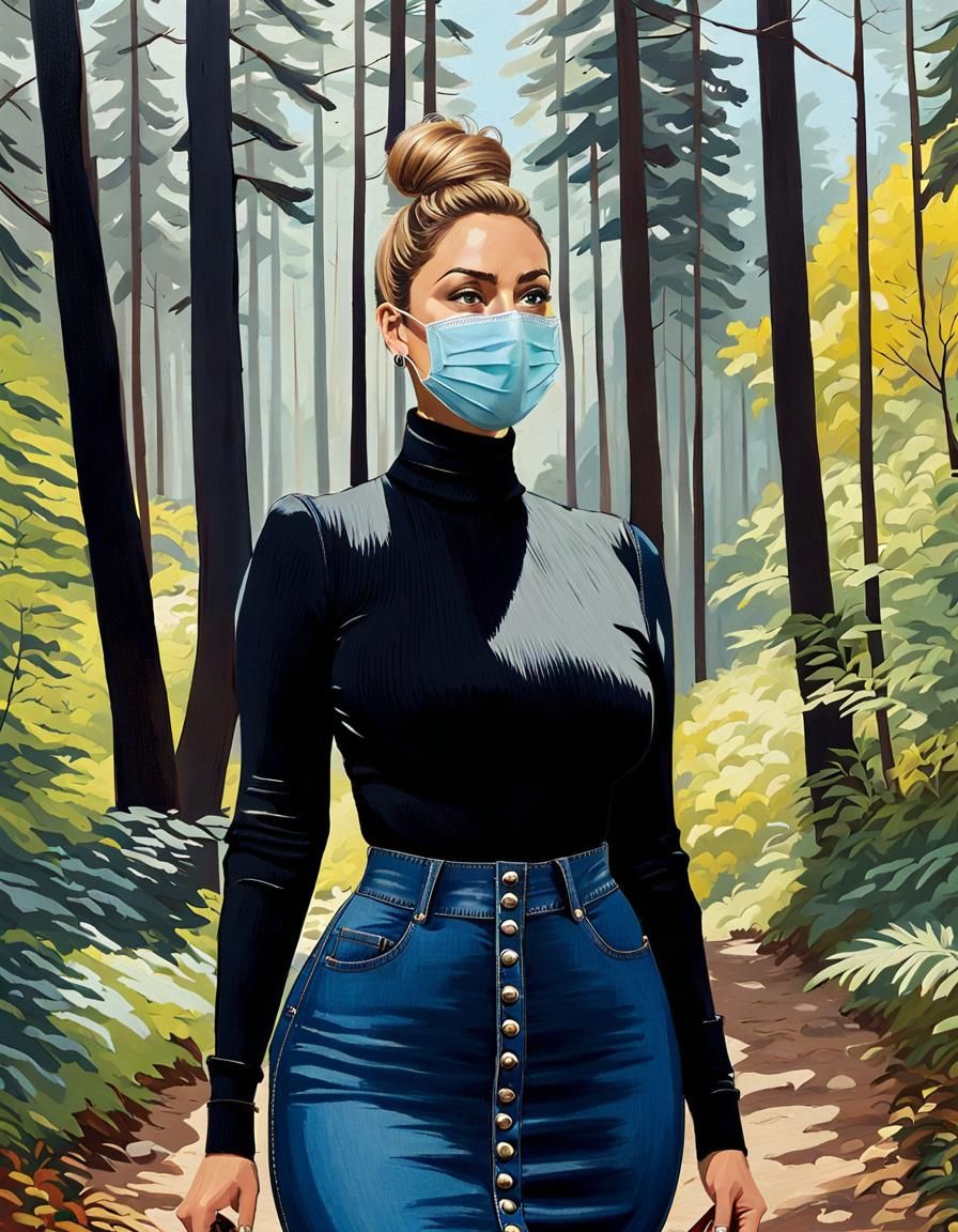 German Woman with Face Mask in Forest Oil Painting