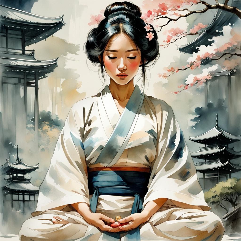 Traditional Japanese lady meditating