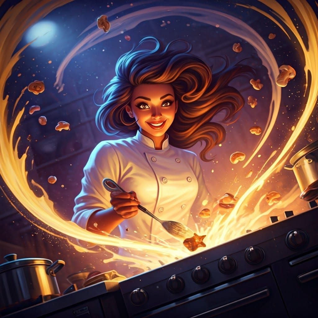 Hyperrealistic Chef Cooks Mushroom Stars in Galaxy Kitchen