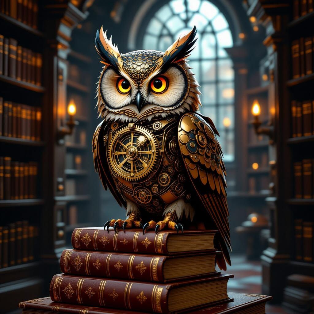 Clockwork Owl on Books in Dusty Library