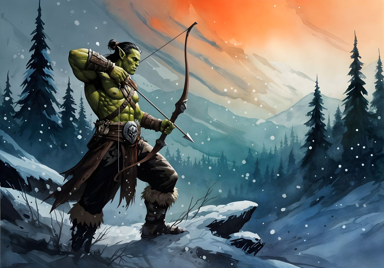 Mighty Orc Archer in Dusk Winter Landscape