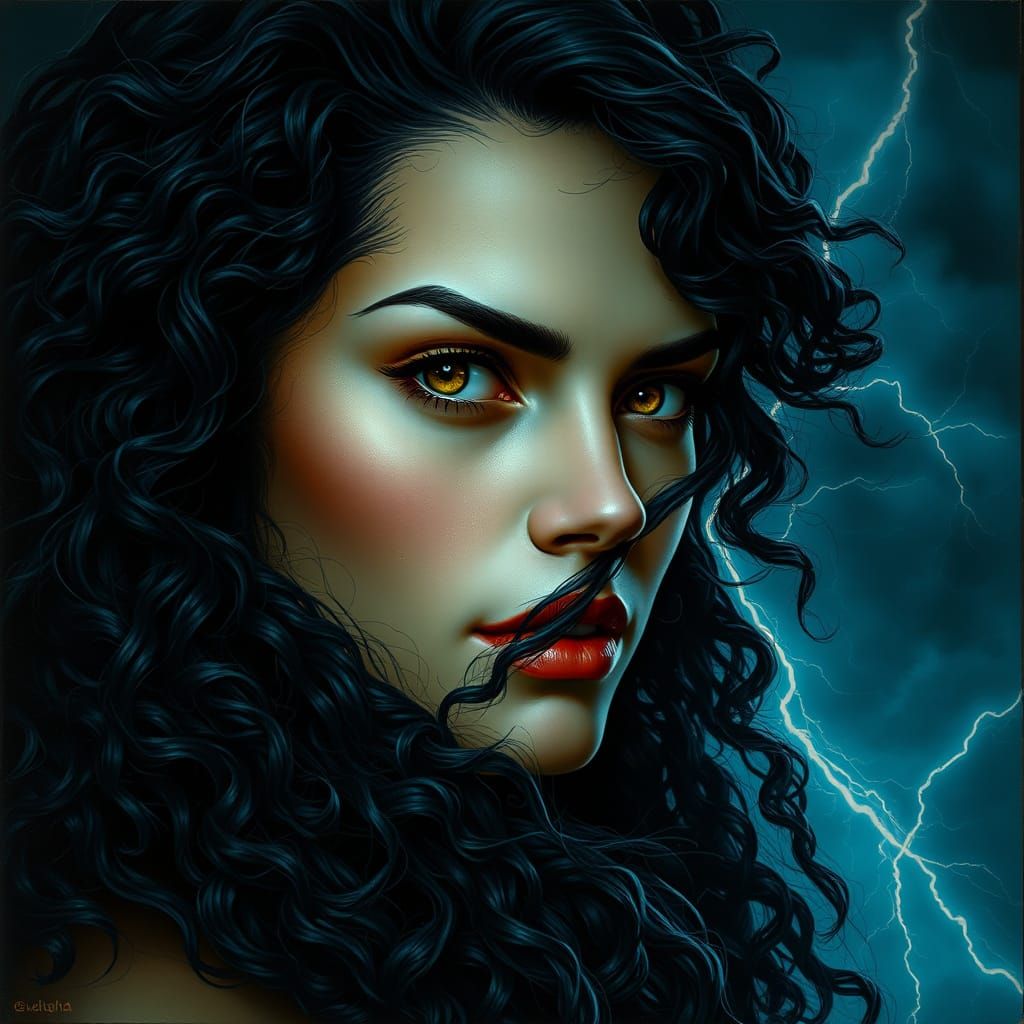 Dark Storm Goddess with Iridescent Skin and Piercing Golden ...