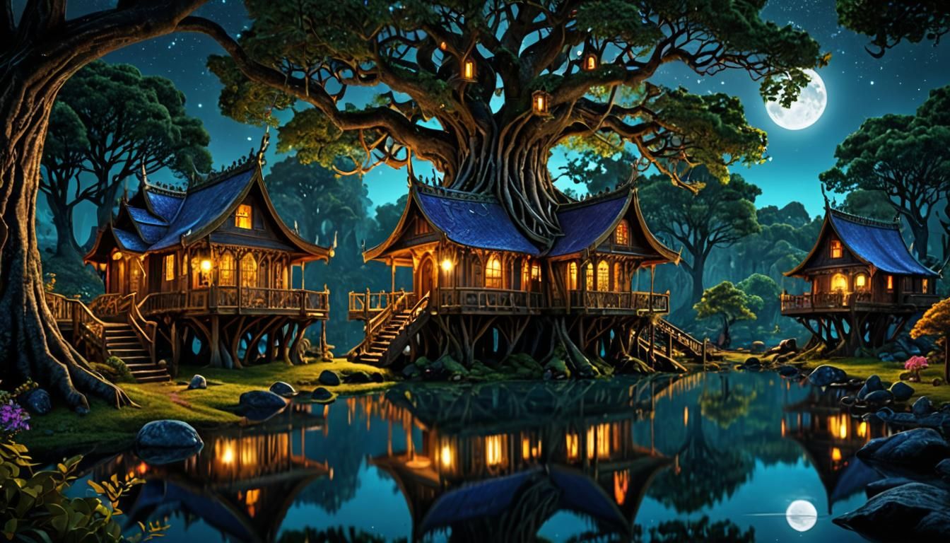 Lothlorien Elven Treehouses by Moonlit Lake