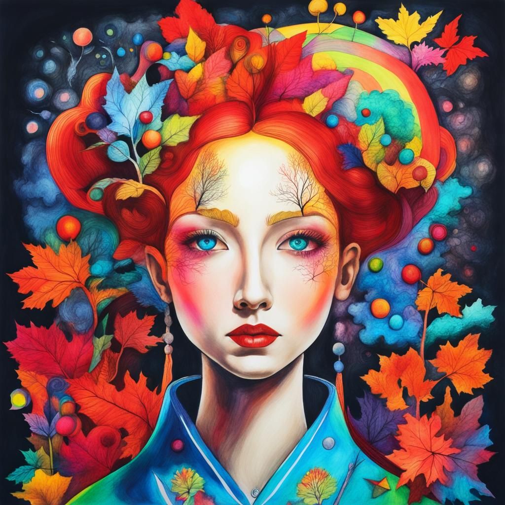 Surreal Child's Drawing: Trees with Rainbow Fairy