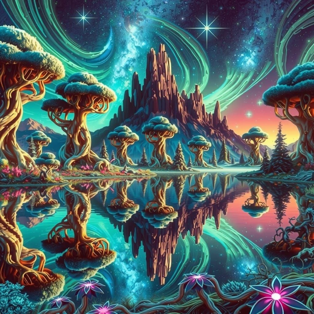 Surreal Nighttime Landscape with Shimmering Stars and Bizarr...