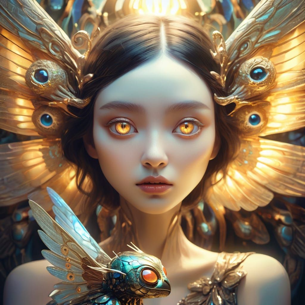 Girl with Iridescent Wings in Pop Surrealism Style