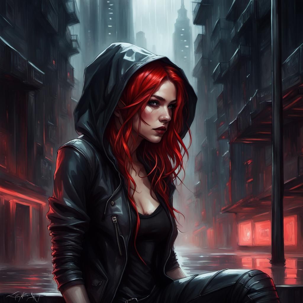 Cyberpunk Redhead in Dystopian Cityscape