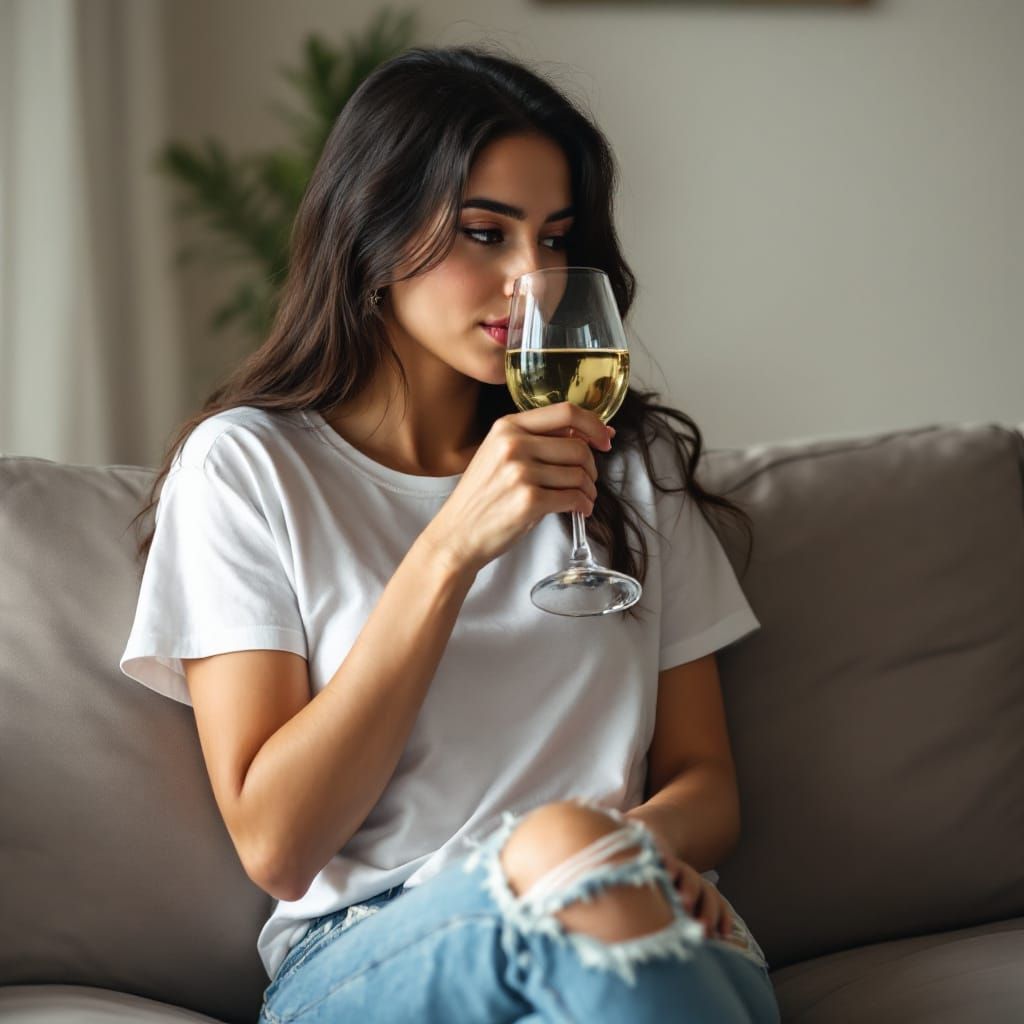 Young Woman in Jeans Drinking Wine at Home