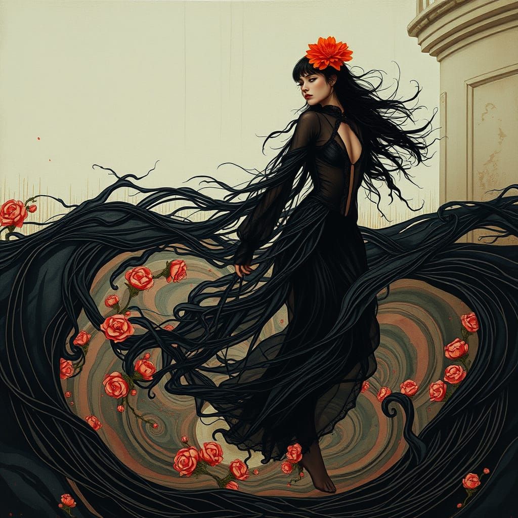 Elegant Figure Amid Swirling Energy in Art Nouveau Style