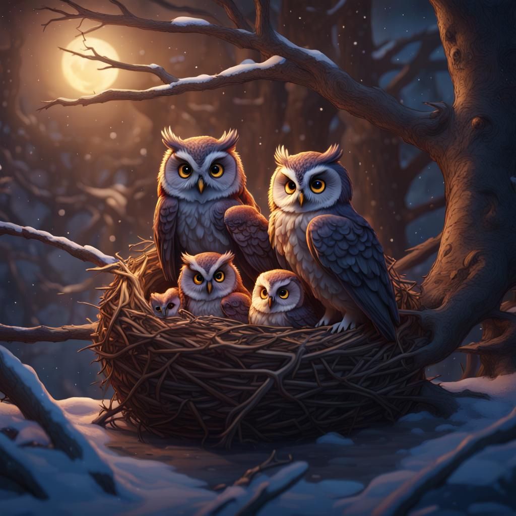 Cozy Winter: Owl Family Cuddling in Nest