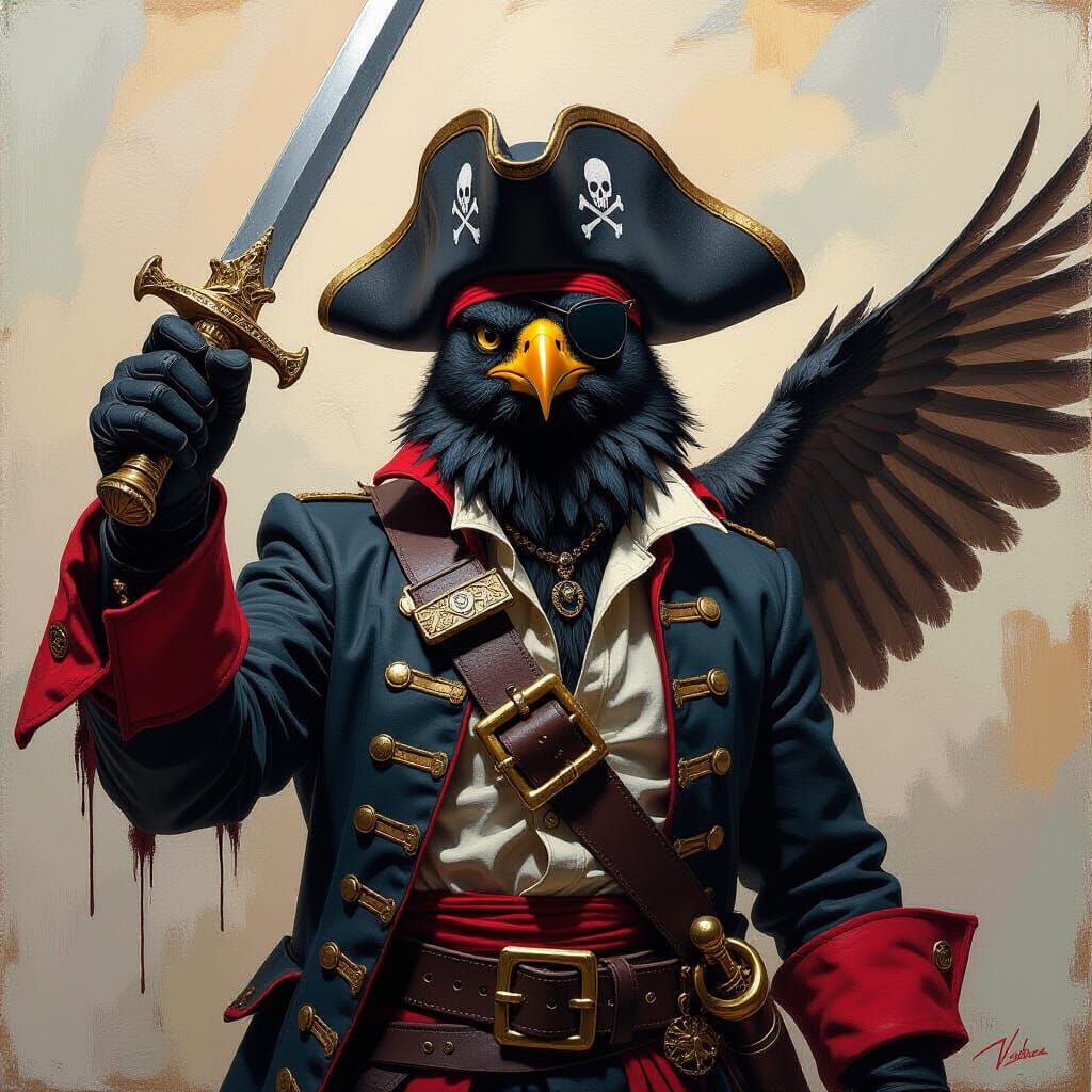 Dramatic Bird Pirate Portrait as Impasto Oil Painting