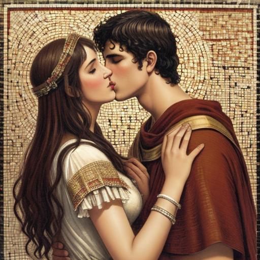 Roman Pompeii Style Mosaic of a Kiss