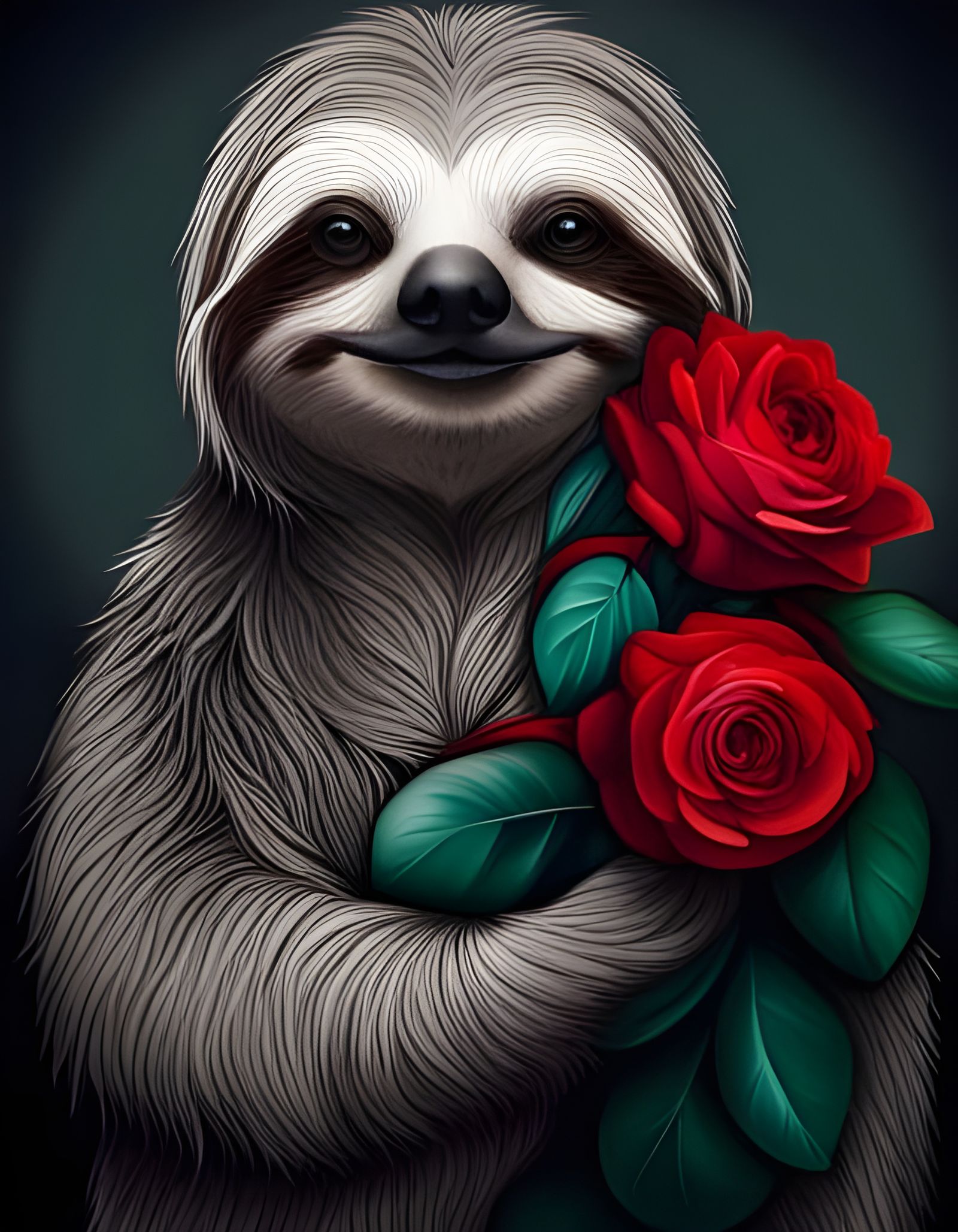 Sloth Holding Roses in Desaturated Photo