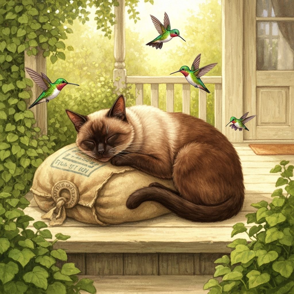 Siamese Cat Sleeps on Feed Bag with Hummingbirds