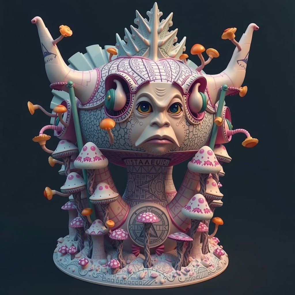 Futuristic Mushroom Showdown in Neon Linocut