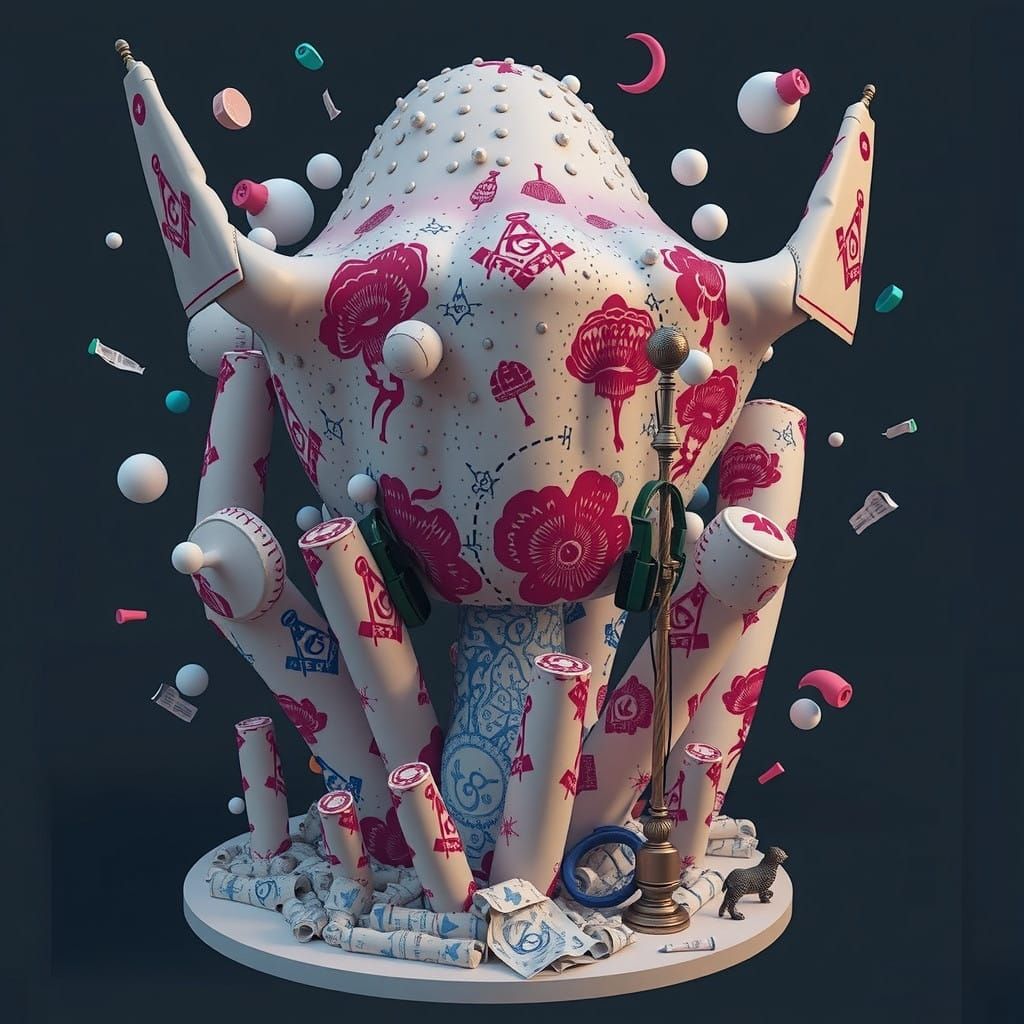 Surreal Blue Mushroom Sculpture amidst Bureau Chaos in Linoc...