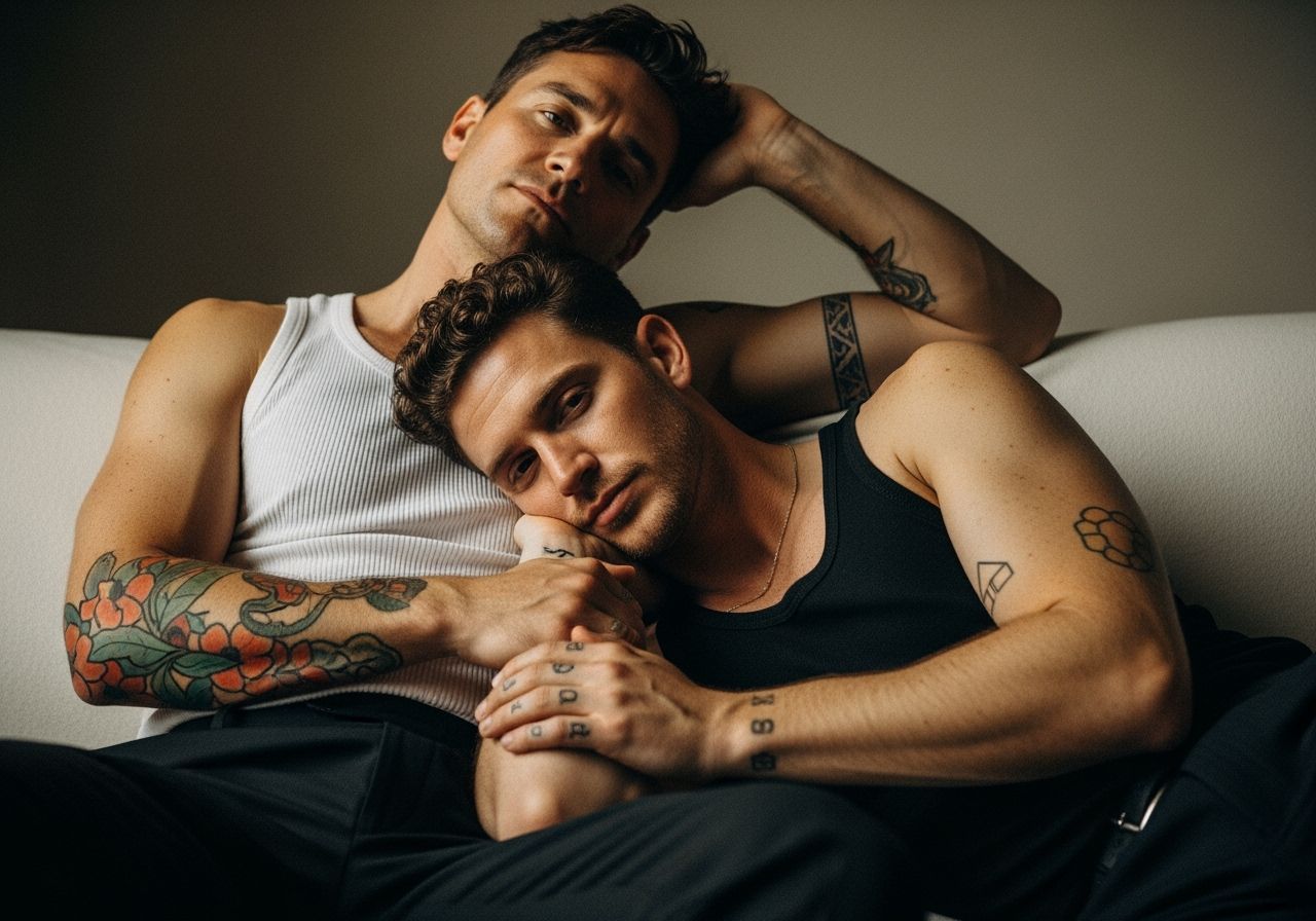 Intimate Embrace: Two Men on Sofa in Soft Light