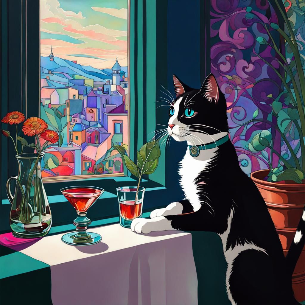 Art Deco Cats on Windowsill Still Life