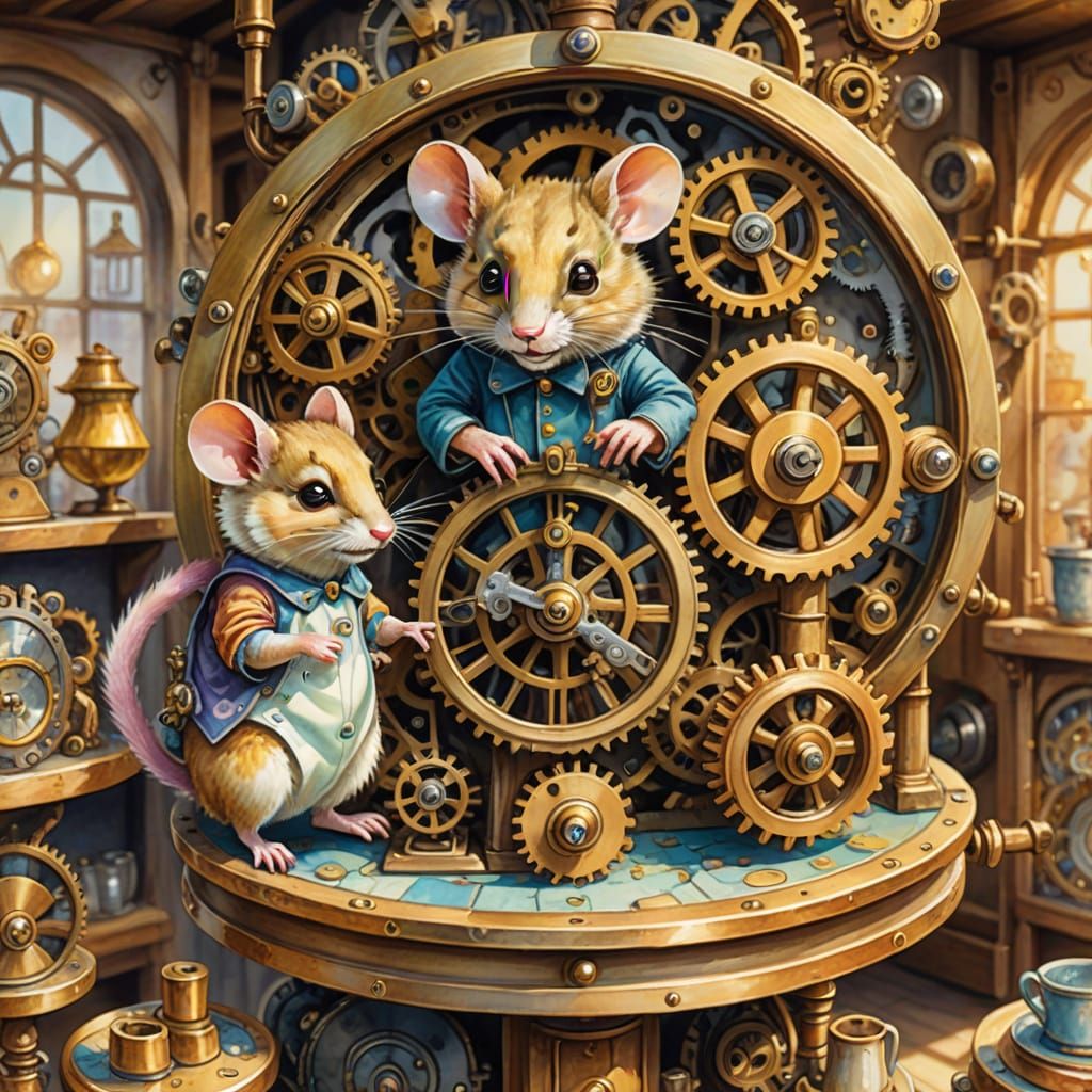 Dormouse Family in Clockwork Shop: Watercolor Fantasy