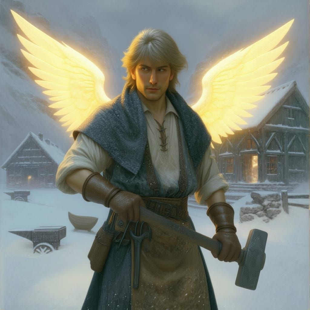 Fantasy Warrior in Snowy Village as Painterly Illustration