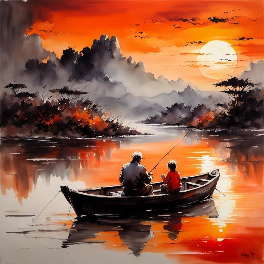 Sumi-e Painting: Grandfather and Child Fishing at Sunset