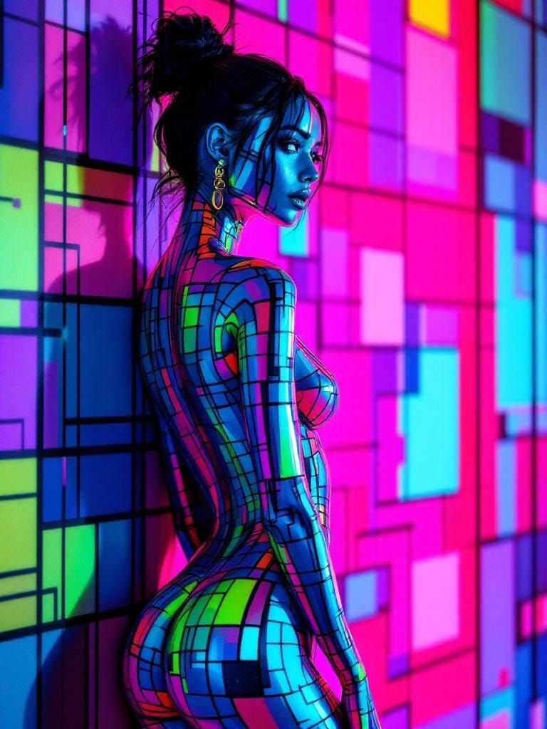 Woman Merging into Geometric Cyberpunk Design