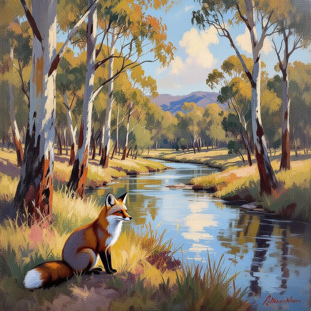 Grey Fox in Forested Riparian: Impressionist Style