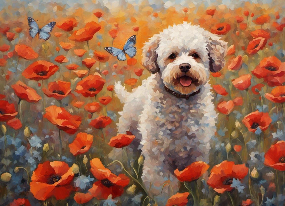 Dog in Poppy Field, Impressionistic Style