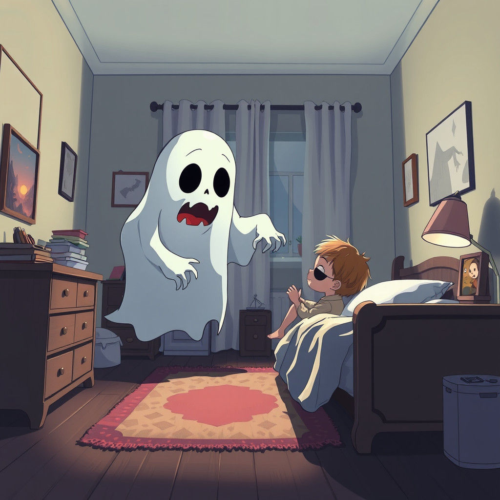 Manga-Style Ghost Plays with Energetic Child in Bedroom