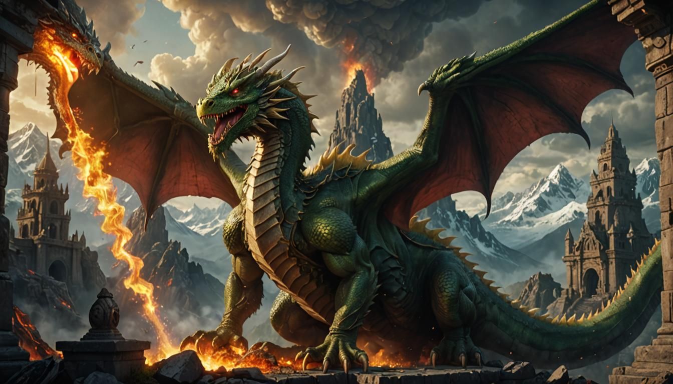 Majestic Green Dragon Erupting Fire in Epic Fantasy Scene