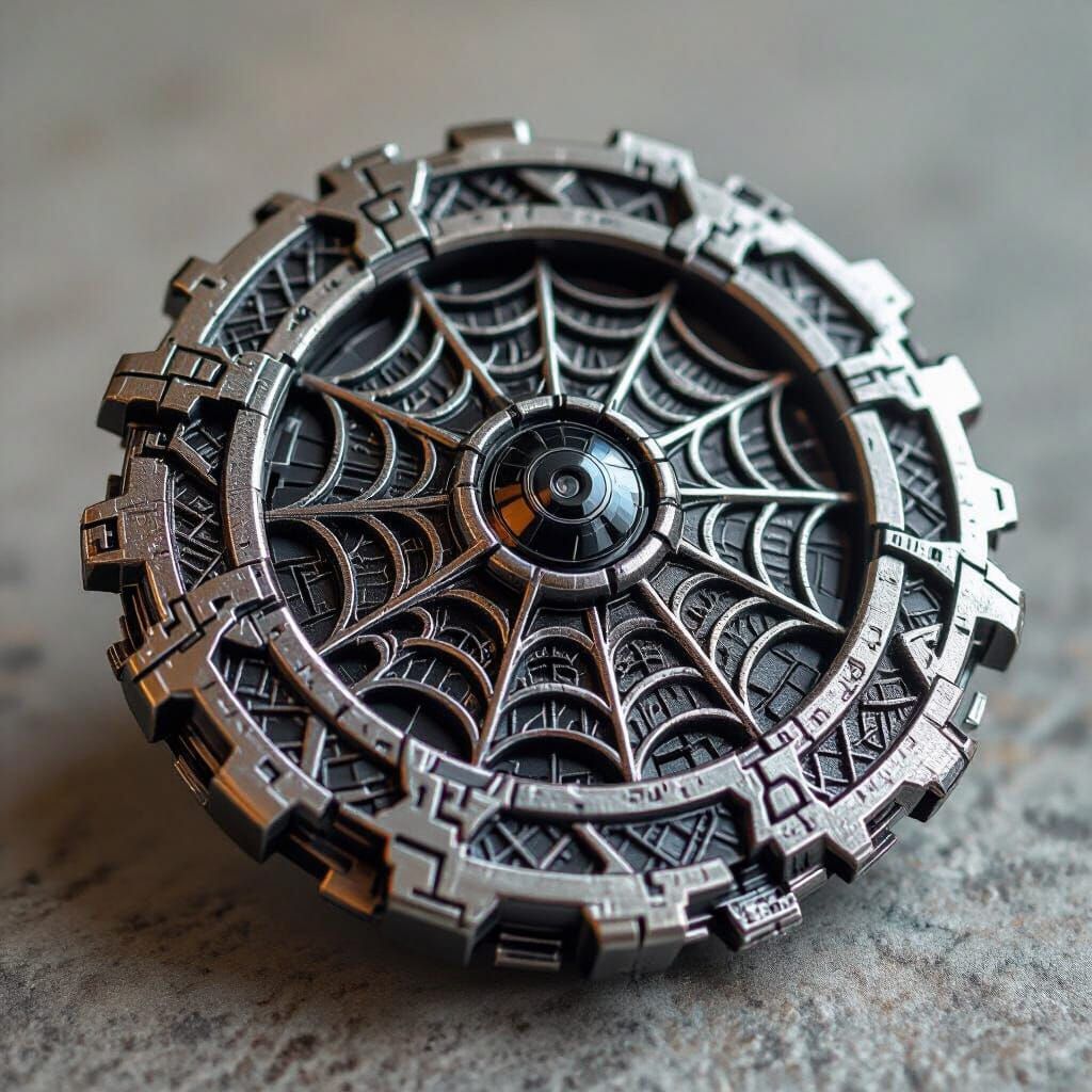 Metallic Spider Web Beyblade in Dark Biomechanical Style