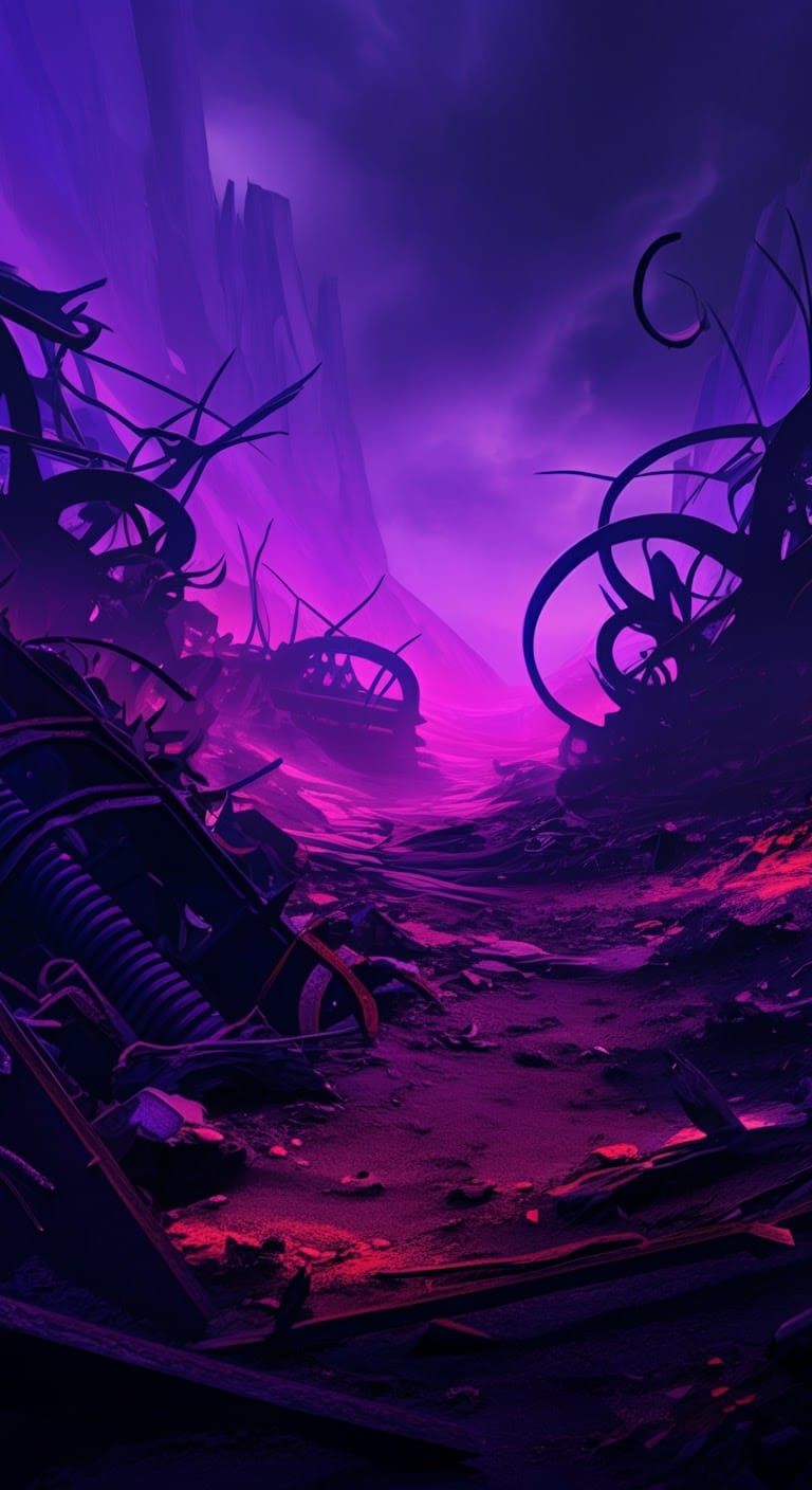 A striking purple and black landscape scattered with various...