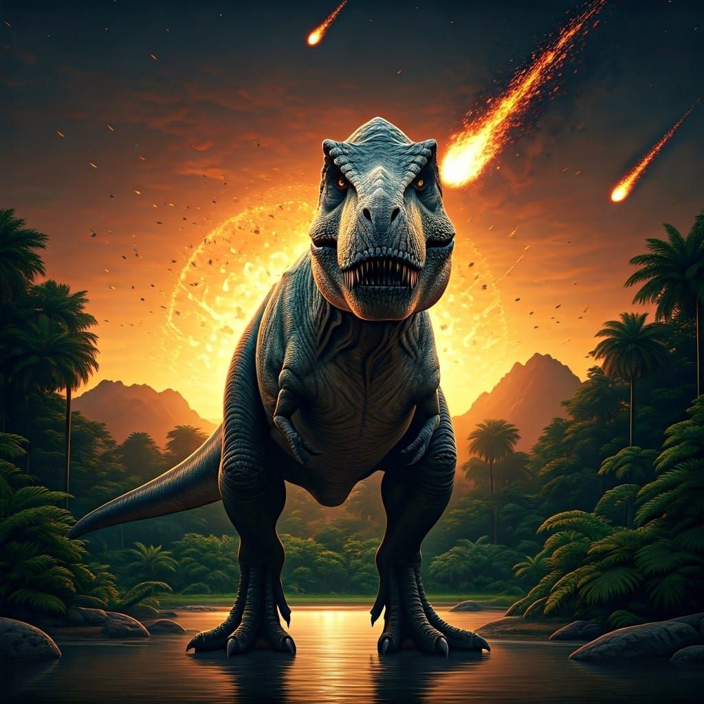 Hyperreal T. Rex in Jurassic Jungle Under Night Sky