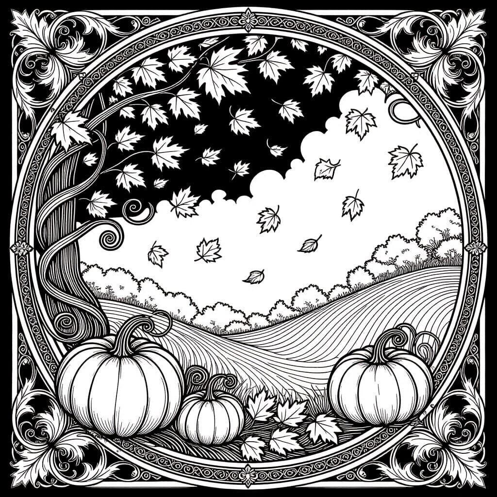 Intricate Autumn Coloring Page with Falling Leaves and Vines